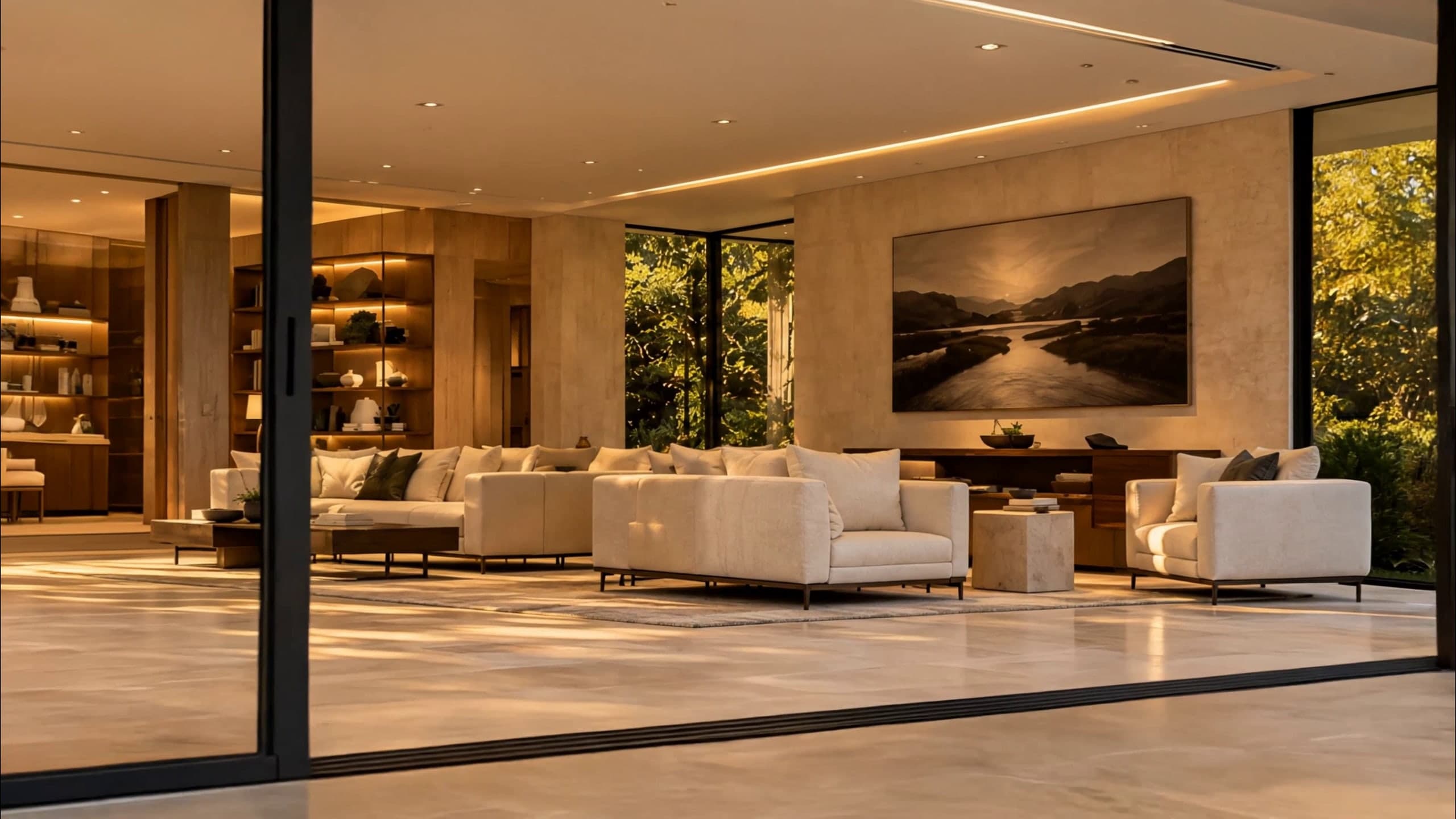 Sliding glass doors open onto the living room in late sun