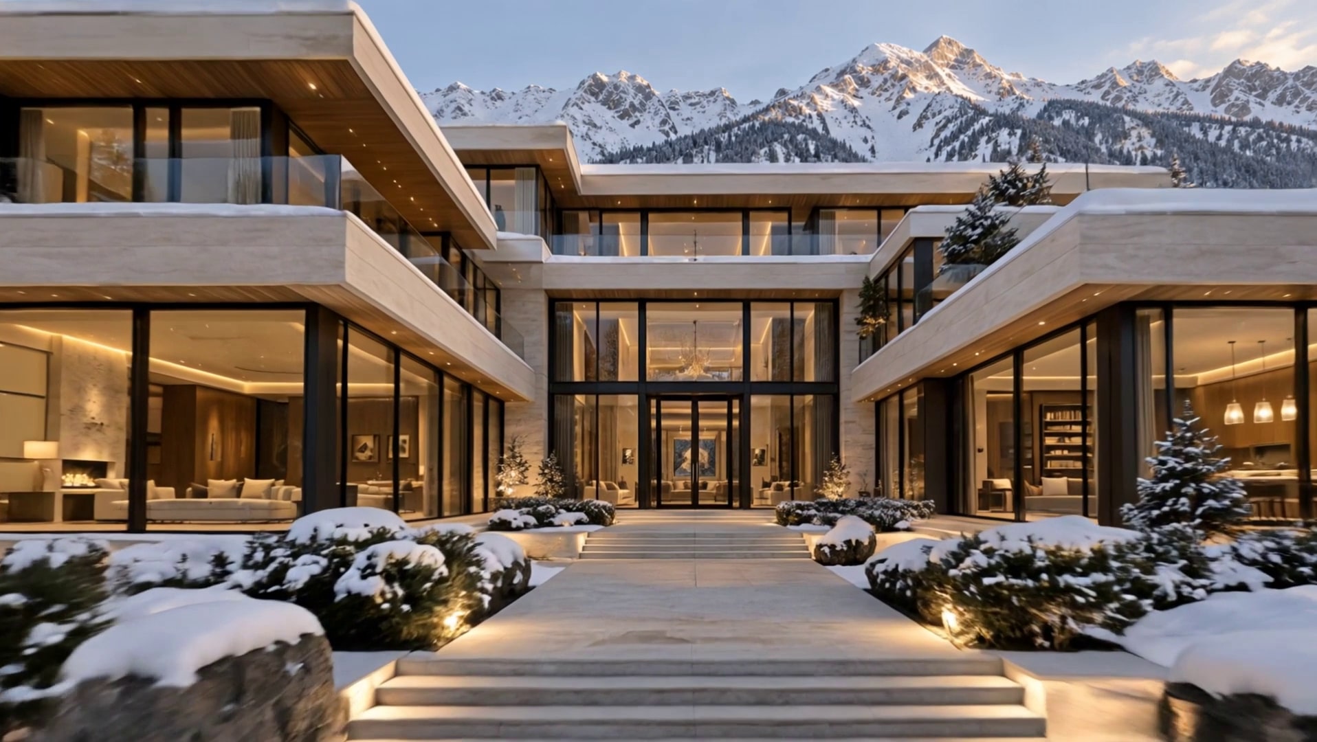The Snowline House at dusk: two travertine wings around a snow-covered courtyard, mountains behind
