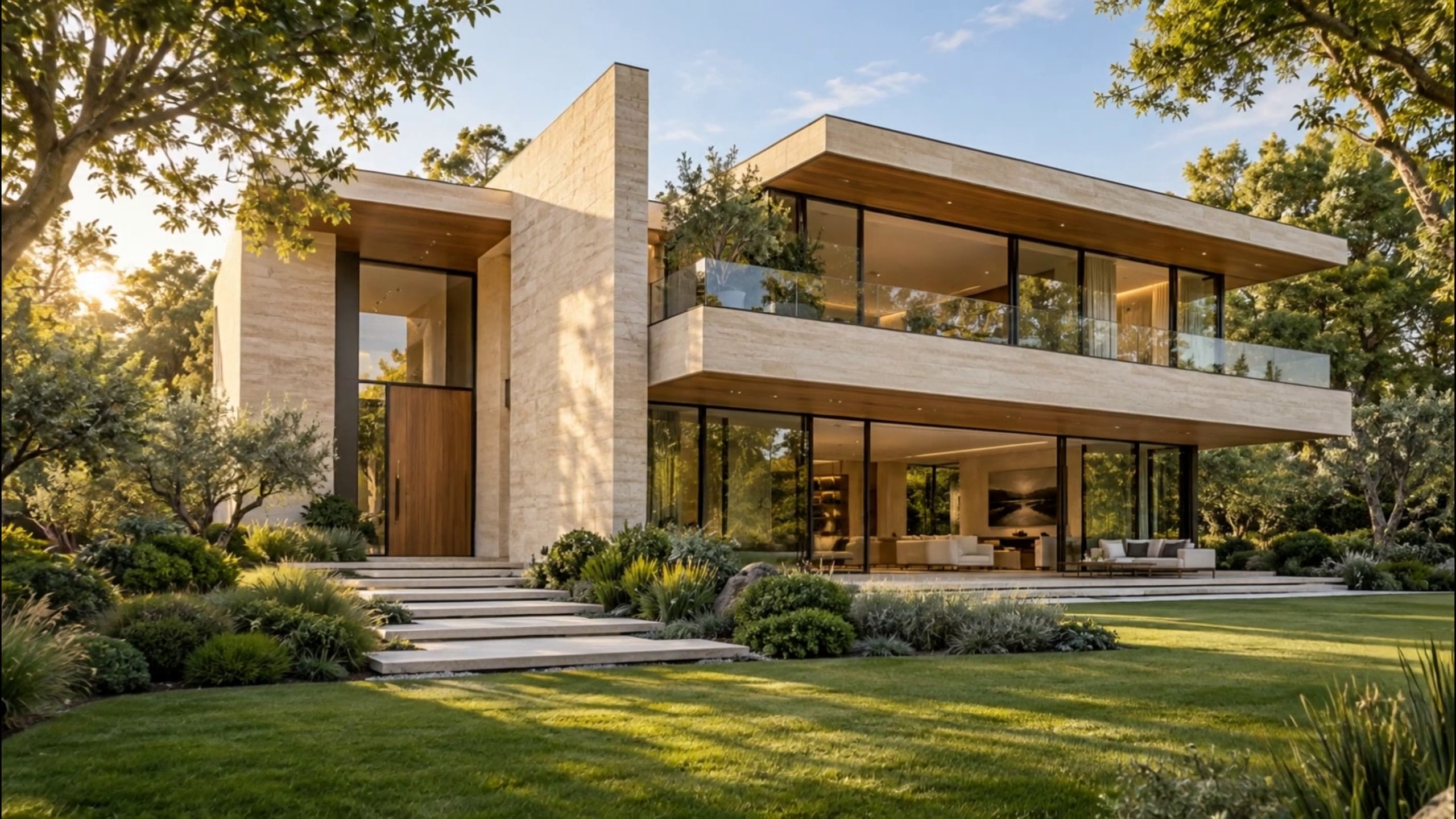 The Meridian House: travertine volumes and a cantilevered upper floor above a glazed living level