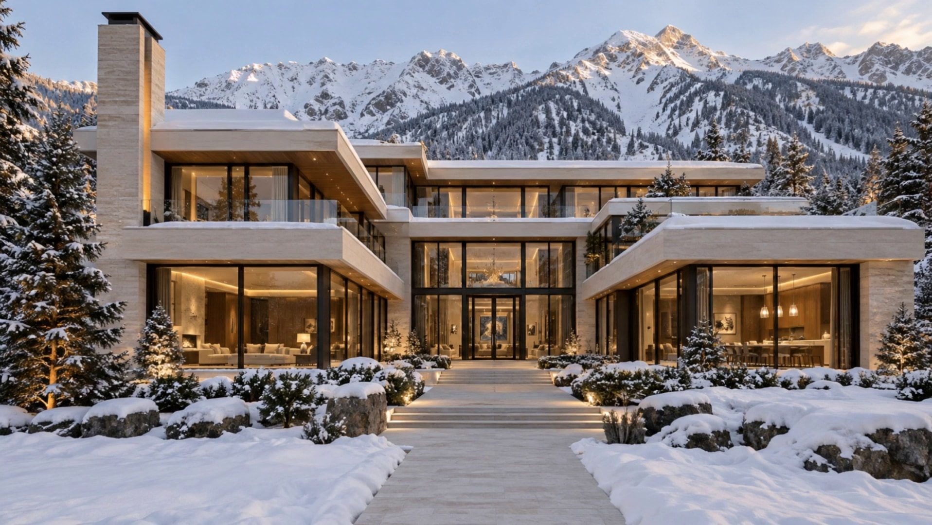 The Snowline House at dusk: two travertine wings around a snow-covered courtyard, mountains behind